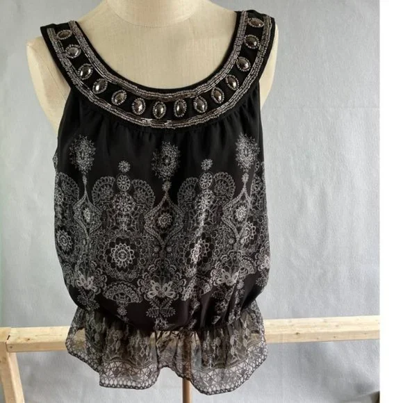 Apt. 9 Sleeveless Blouse Black Sleeveless Round Neck beaded Tie Back S - Picture 6 of 8